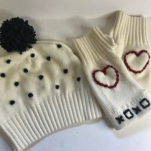 Upcycled Cream Heart Knit Beanie & Fingerless Mitten Set